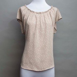 LC Pleated Scoopneck Top Tan White Dots Size XL